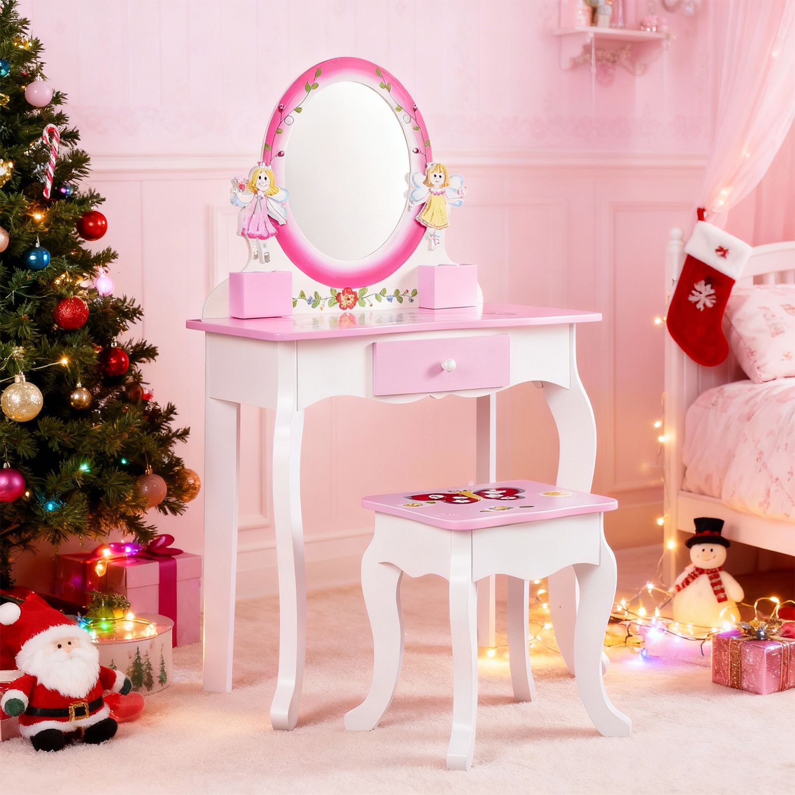 Desk Setup Kids - Kids Vanity Set Floral Printed Wooden